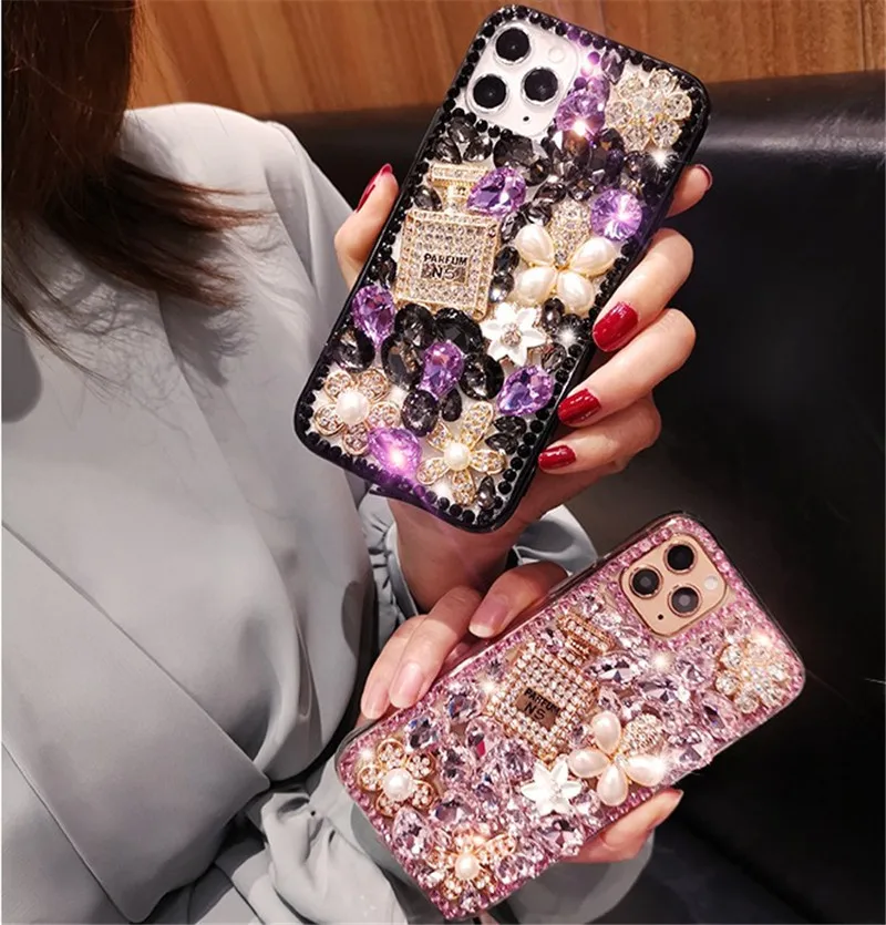 Luxury Rhinestone Perfume Bottles Phone Case Covers for iPhone 7 to iPhone 15 Samsung S24 S23 A13 A14 A25 A34 A54