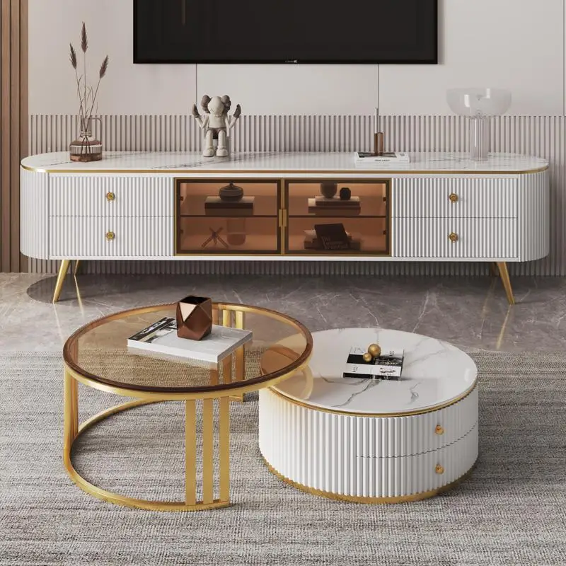 Rock Plate Center Table Living Room Home Furniture Simple Modern Light Luxury Round Coffee Table TV stand Combination Set