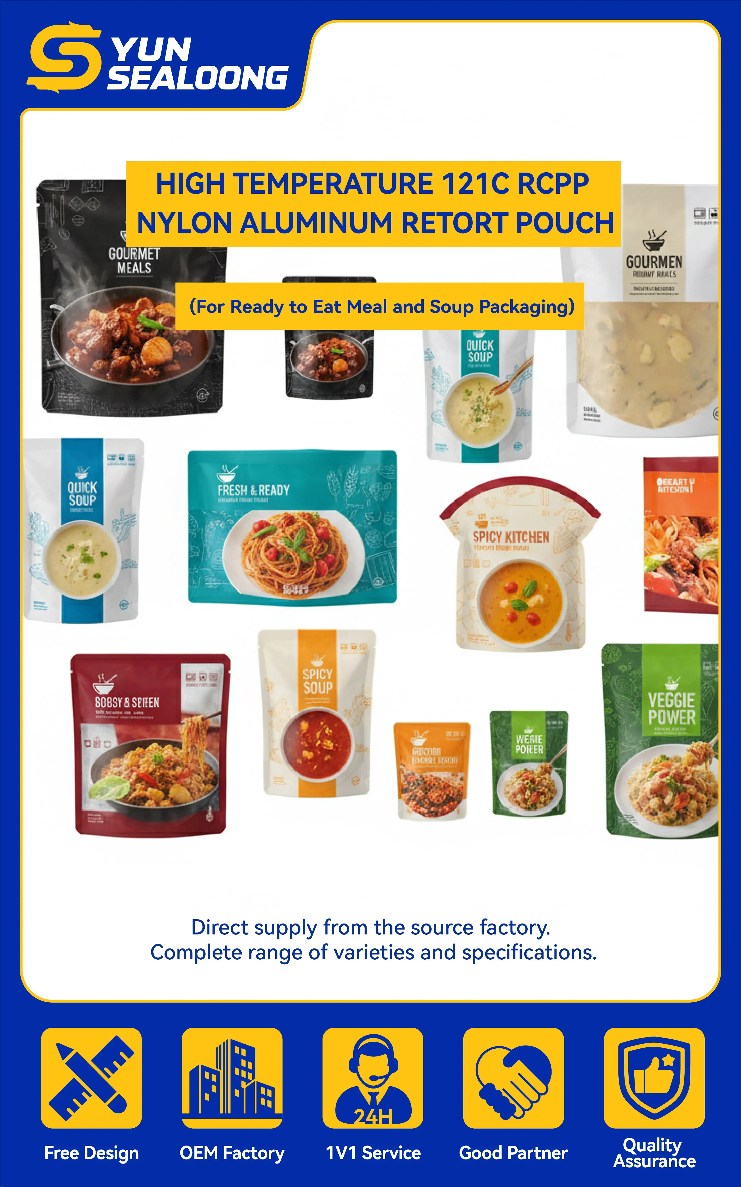 Custom Printed High Temperature 121c RCPP Nylon Aluminum Retort Pouch for Ready to Eat Meal and Soup Packaging