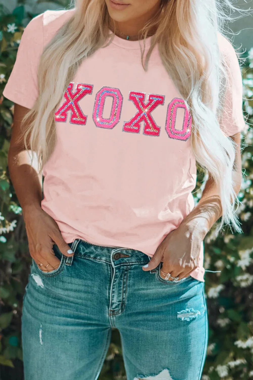 Dear-Lover Pink Valentines Shiny Xoxo Graphic Oversized T-Shirt For Women