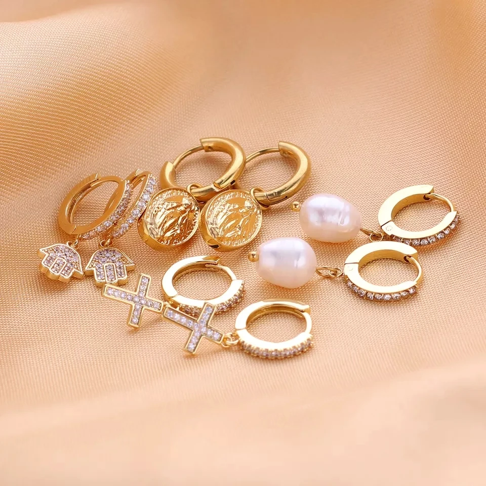 Luxury Crystal Cubic Zircon Pearl Hoop Earrings 18K Gold Plated Evil Eye Hamsa Jesus Butterfly Dangle Stud Earring With Cross