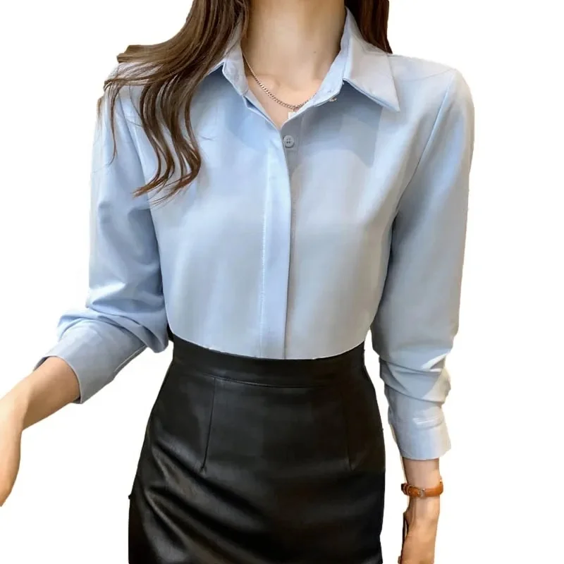 Custom women's white silk shirt Women's button down shirt Long sleeve office silk satin blouse for women