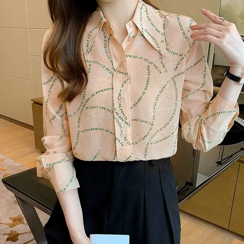 Autumn Women's Chiffon Blouses Vintage Printing Turn Down Collar Loose Shirts Long Sleeve Casual Office Tops Spring New