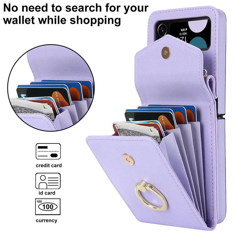 For Samsung Z Flip 5 Leather Phone Case With Strap Card Wallet Case For Samsung Galaxy Z Flip 4 3 Mobile Cover With Finger Ring