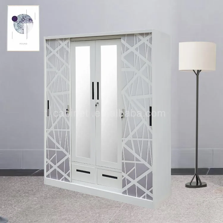 Modern Home Baby Bedroom Iron 4-Door Steel Almirah Wardrobe with Printed Pattern Sliding Metal Door Bedroom Furniture