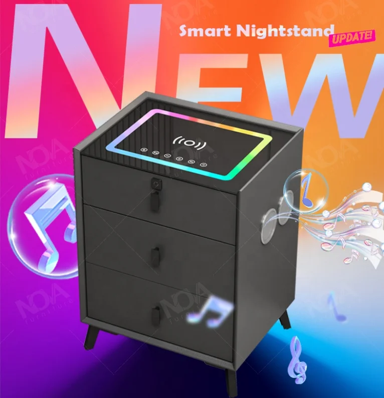 Nightstand Touch Sensing Led Light Dual Usb Smart Wireless Charger Speaker Design Fingerprint Lock Bedside Table