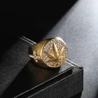 Cz Ring Hip Hop Popular Full CZ Gold Hemp Leaf Stainless Steel Ring For Boys