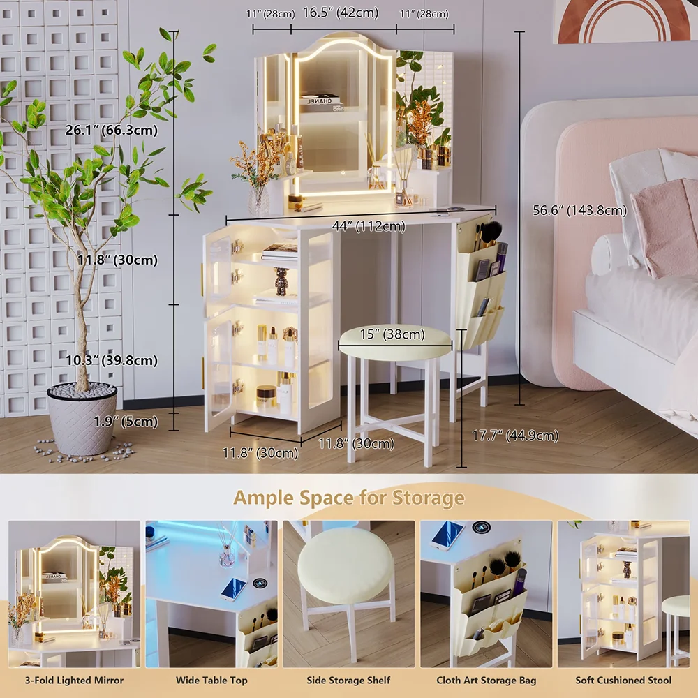Modern Nordic Style Vanity Desk with Lighted Mirror MDF Wood Makeup Table with Storage for Bedroom Hotel or Dressing Room details