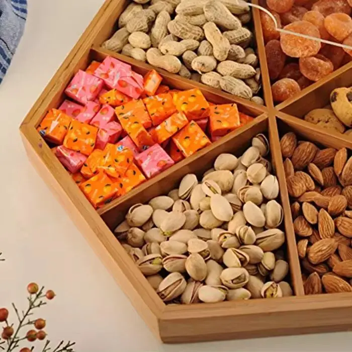 product 6 compartments bamboo wooden food tray snack tray set nut and candy serving tray with cover-6