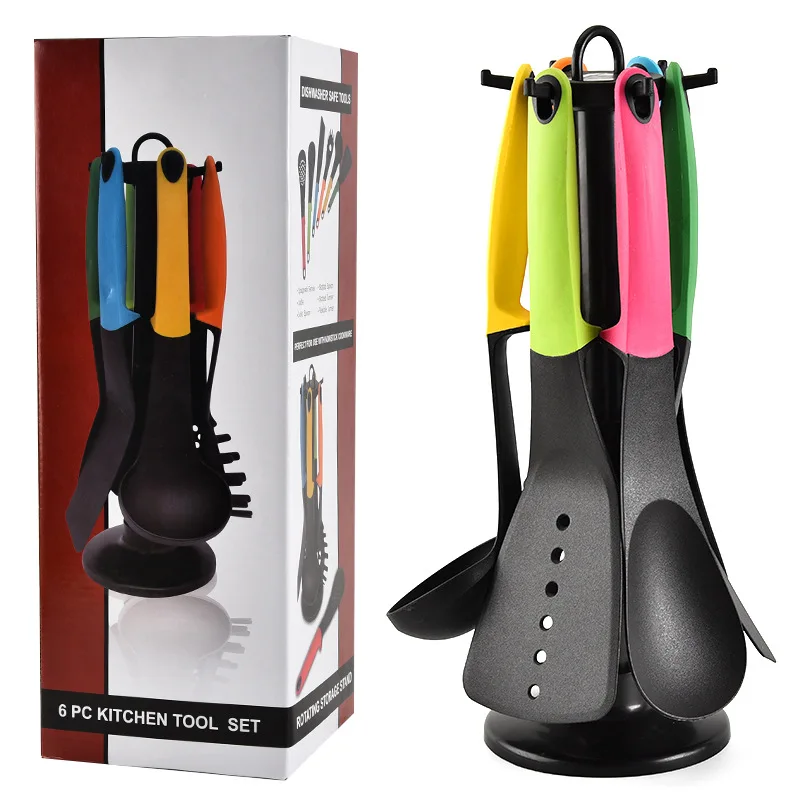 Kitchen Accessories Nylon Cooking Utensils 6pcs with Spoon Rest Colorful Non Stick Cookware Cocina