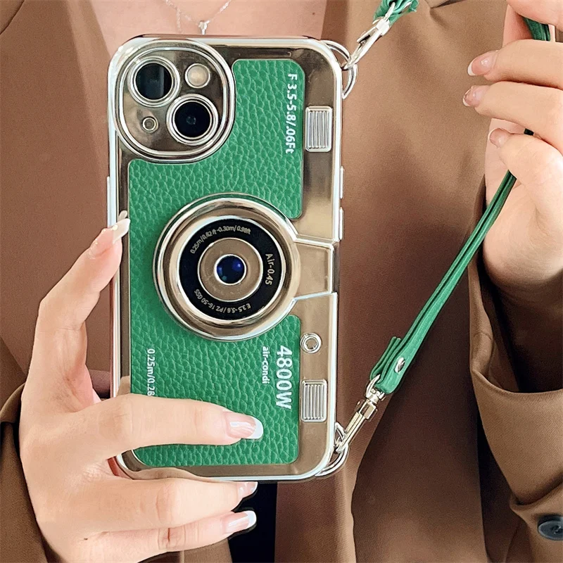Luxury Retro Camera Plating TPU Mobile Phone Case For iPhone 15 14 13 12 11 Pro Max With Hand Strap