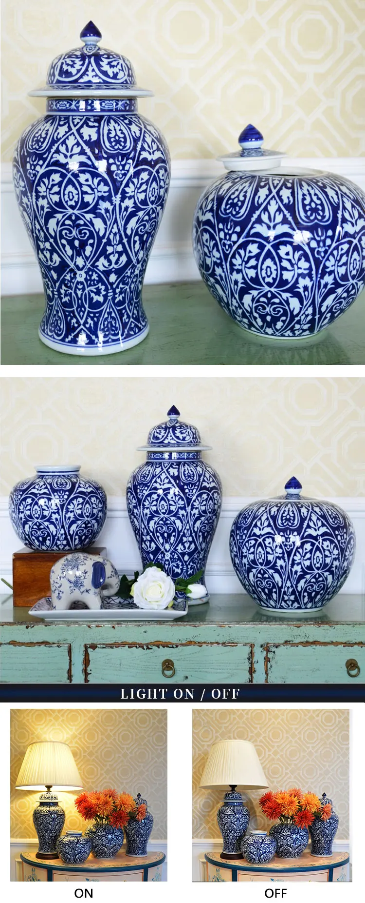 Blue And White Asian Lidded Ginger Jar Vintage Chinoiserie Porcelain