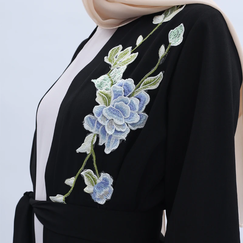 2019 Eid Celebration Women Wear Maxi Latest Fashion Muslim Black Embroidered Dubai Kimono Cardigan Open Abaya