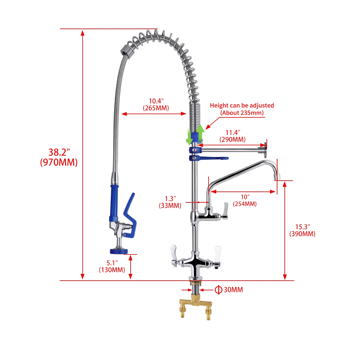 Adjustable 38\" Industrial Design Deck Mount Commercial Kitchen Faucet with Dual Handle Pre Rinse Spring Faucet Pull Out Spray manufacture
