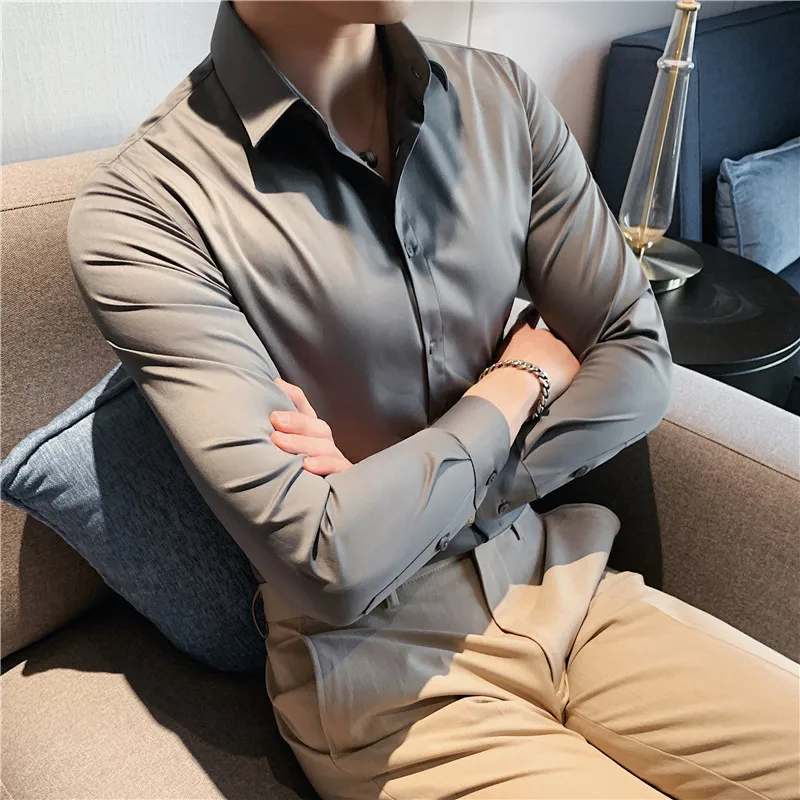 Spring Autumn Men Long Sleeve Shirts Clothes Tops for Men Turn-down Collar Solid Color Business Formal Slim Men's Causal Shirt