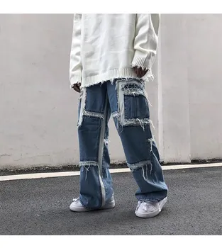 Custom Cowboy Allover Distressed men's pants & trousers Men's Non- Stretch Jeans Loose Straight Casual Men Baggy Jeans