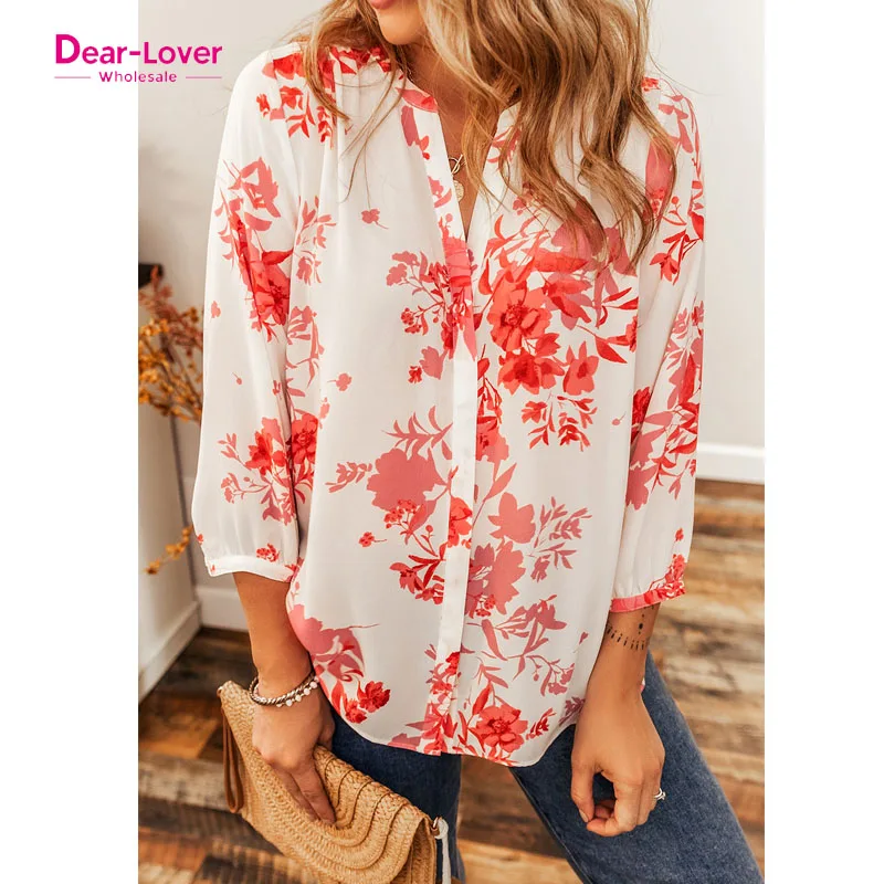 Dear-Lover Printed Plant Print Pleated Back V Neck Shift Casual Shirt for women