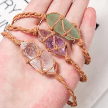 Healing Crystal Gemstone Hexagonal Prism Handmade Woven Mesh Bag Adjustable Bracelet Braided