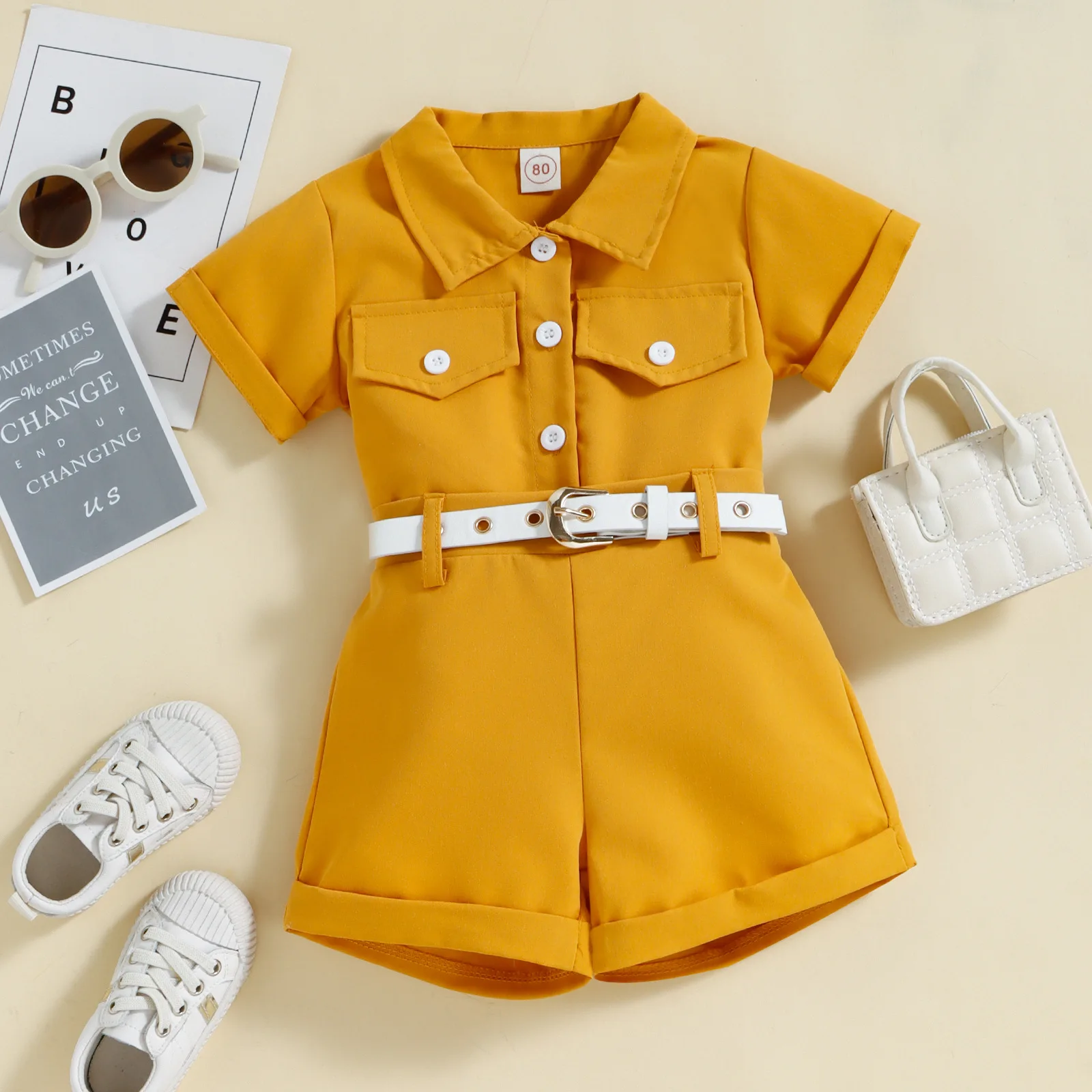 Toddler baby girl summer clothes set fashion solid two piece suits children clothing sets with belt