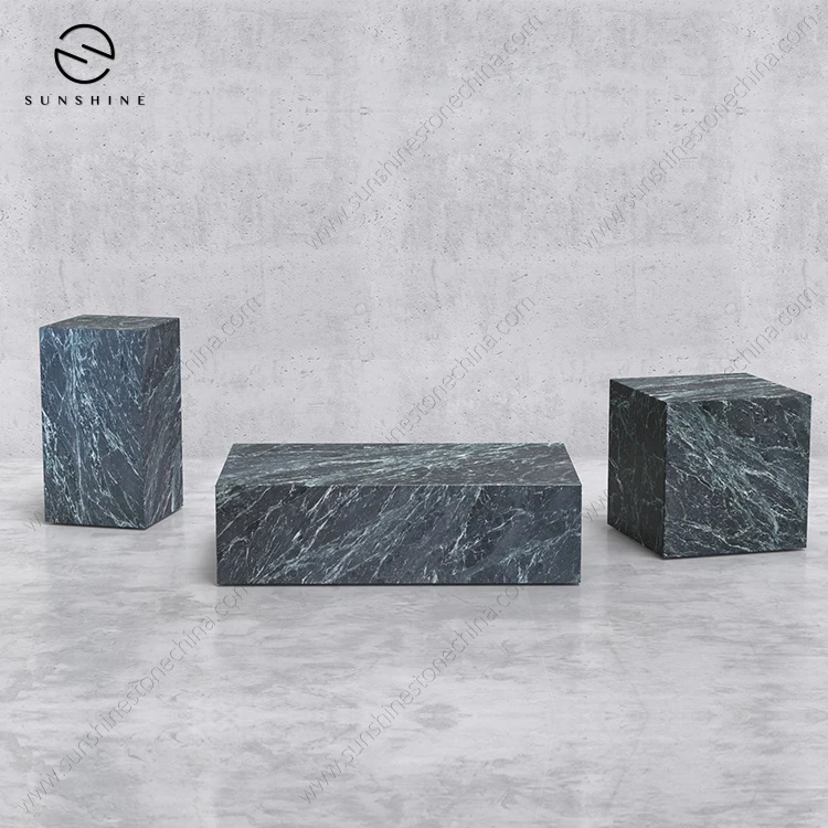 Luxury Nordic Style Dark Green Living Room Furniture Marble Cubic Plinth Low Sofa Coffee Table