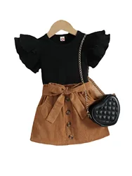 American style children's clothing summer flying sleeve pit top+corduroy skirt boutique two-piece girls outfits