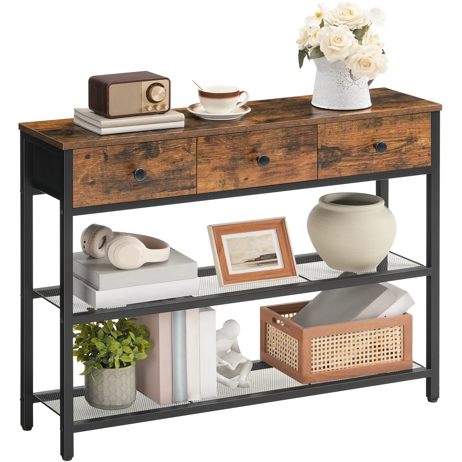 Wholesale Industrial Style 3 Tier Wooden Narrow Hallway Table Rustic Console Table Metal with Shelf Storage for Entryway