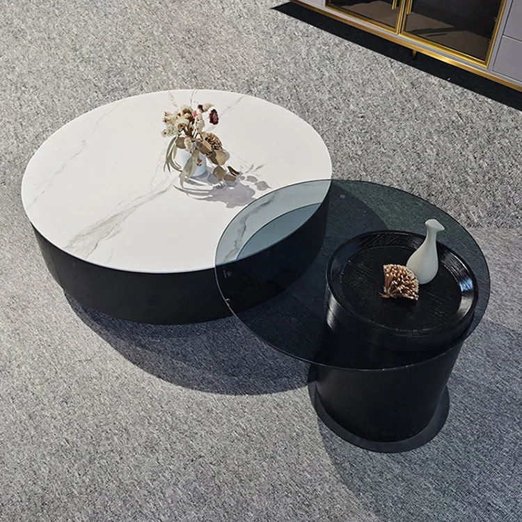 Elegant round marble texture design coffee table set modern furniture MDF muebles de sala coffee table with side table set