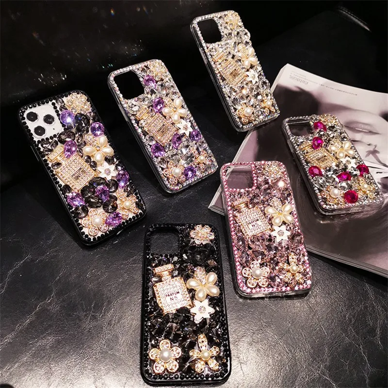 Luxury Rhinestone Perfume Bottles Phone Case Covers for iPhone 7 to iPhone 15 Samsung S24 S23 A13 A14 A25 A34 A54