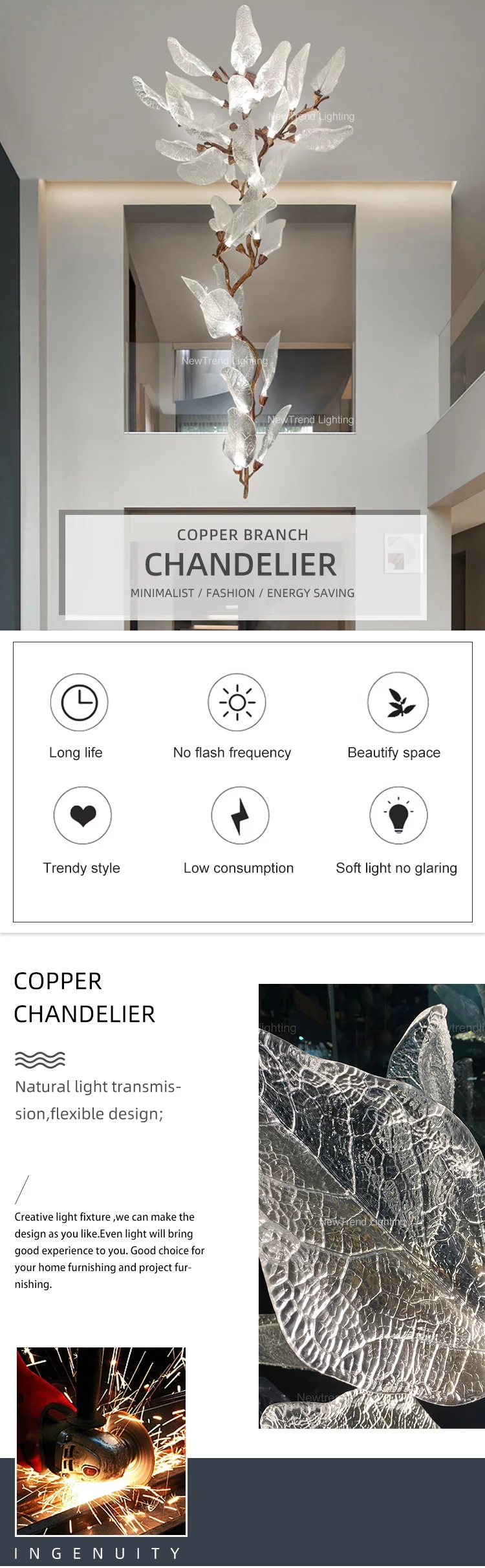 CPL-187 Contemporary Design Indoor Decoration Hotel Villa Staircase Mall Modern Copper Branch LED Chandelier supplier