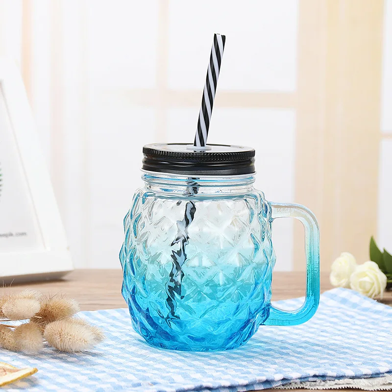 500ml 16oz Pineapple Shaped Glass Drinking Jar Mason Cups With Straw Glass Mason Jar With Handle