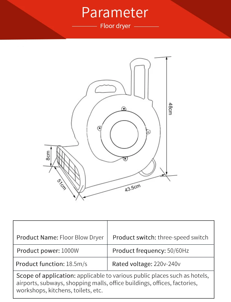 Mini Floor Dryer Fan, Plastic, 3-Speed, 1000W, 18.5m/s - detail 2