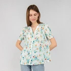 Top Sleeve Shortsleeve 2021 Summer New Floral Print Ladies Pleated Top Short Sleeve Blouse With Buttons