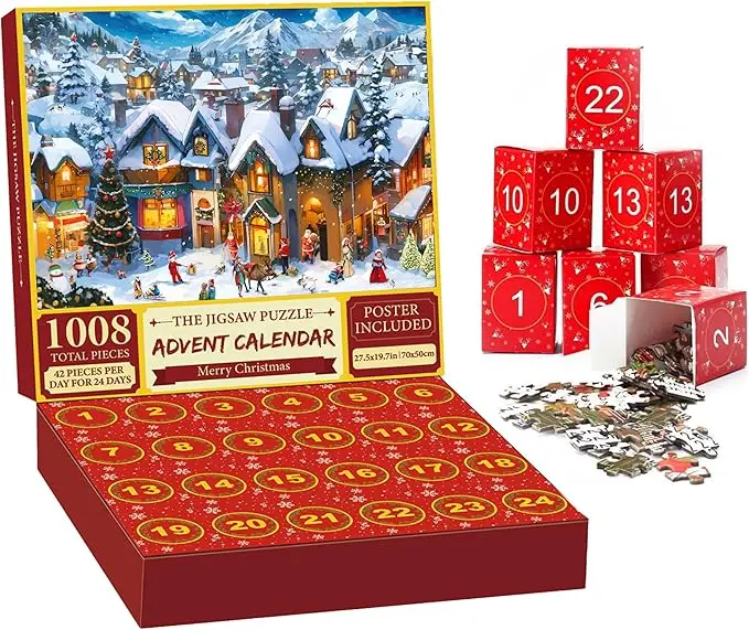 Custom Holiday Advent Calendar Jigsaw Puzzle 1000 Pieces Christmas Countdown Wooden Puzzle Game for Family Kids Gift manufacture