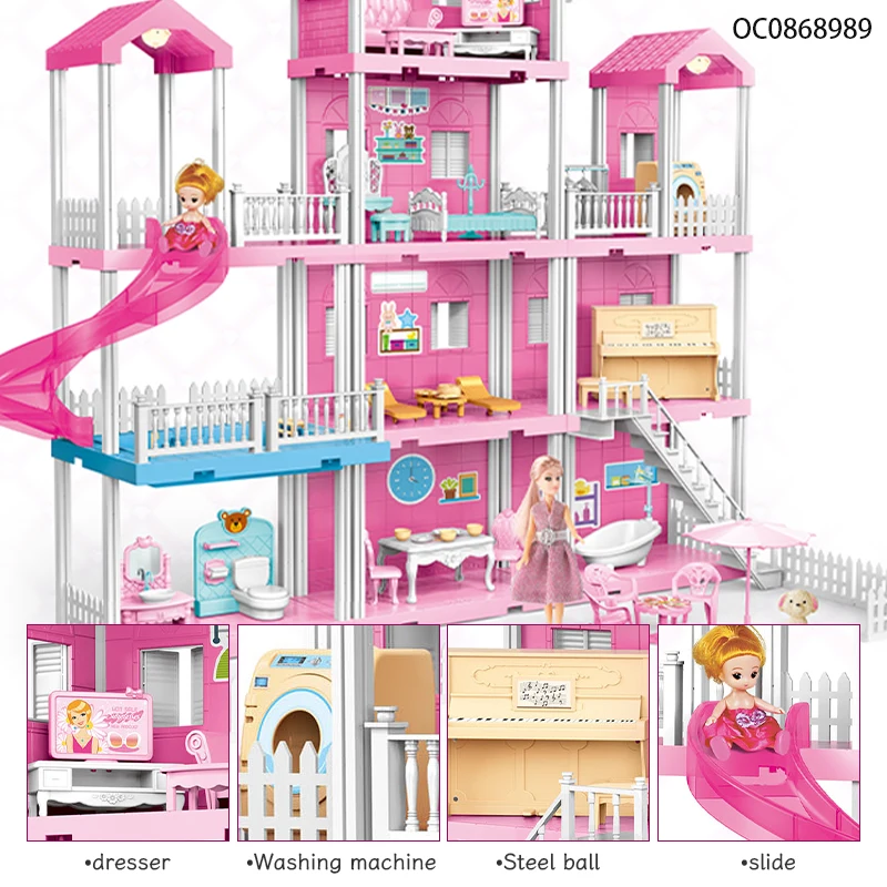 4 layers luxury pink miniature dollhouse accessories for girls with furniture