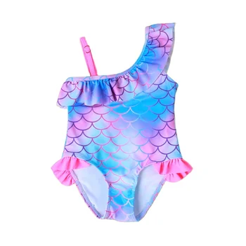 Custom Print Mermaid Tail Swim Suit Child Halter Bikini Sets Ruffles Kids 2 Piece Swimwear For Girls