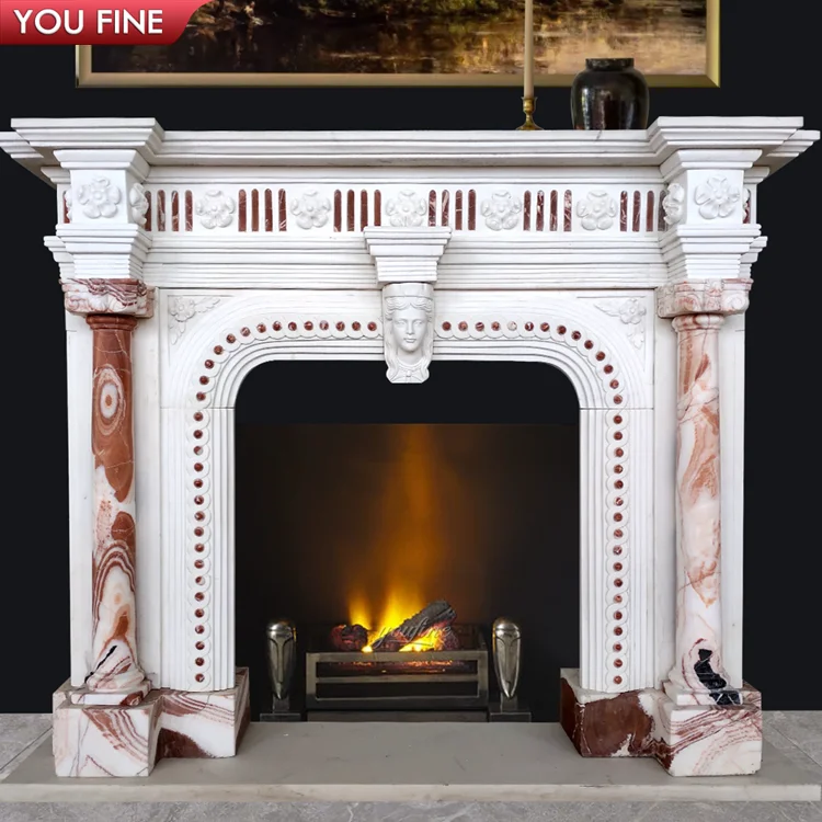 Custom Villa Hotel Natural Stone Hand Carved Georgian Marble Column Fireplace Surround