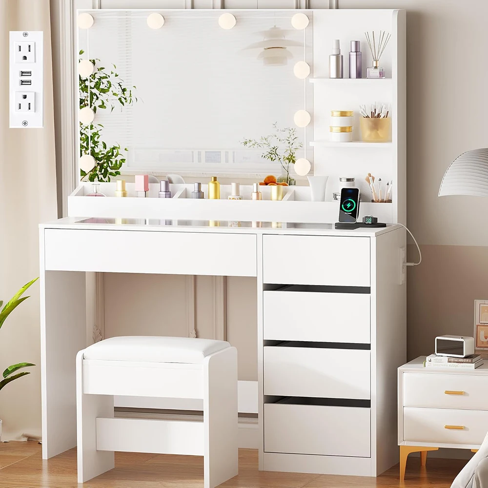 Small Modern 35.4\" Vanity Table Set Lighted Mirror Power Outlet 5 Drawers Shelves 3 Lighting Colors Makeup Vanity Desk Glass supplier