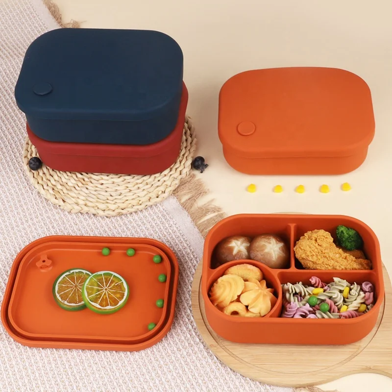 Food Grade Silicone  4 Compartments Silicon Bento LeakProof School Children Kid Silicone Bento Lunchbox Lunch Box With Lid