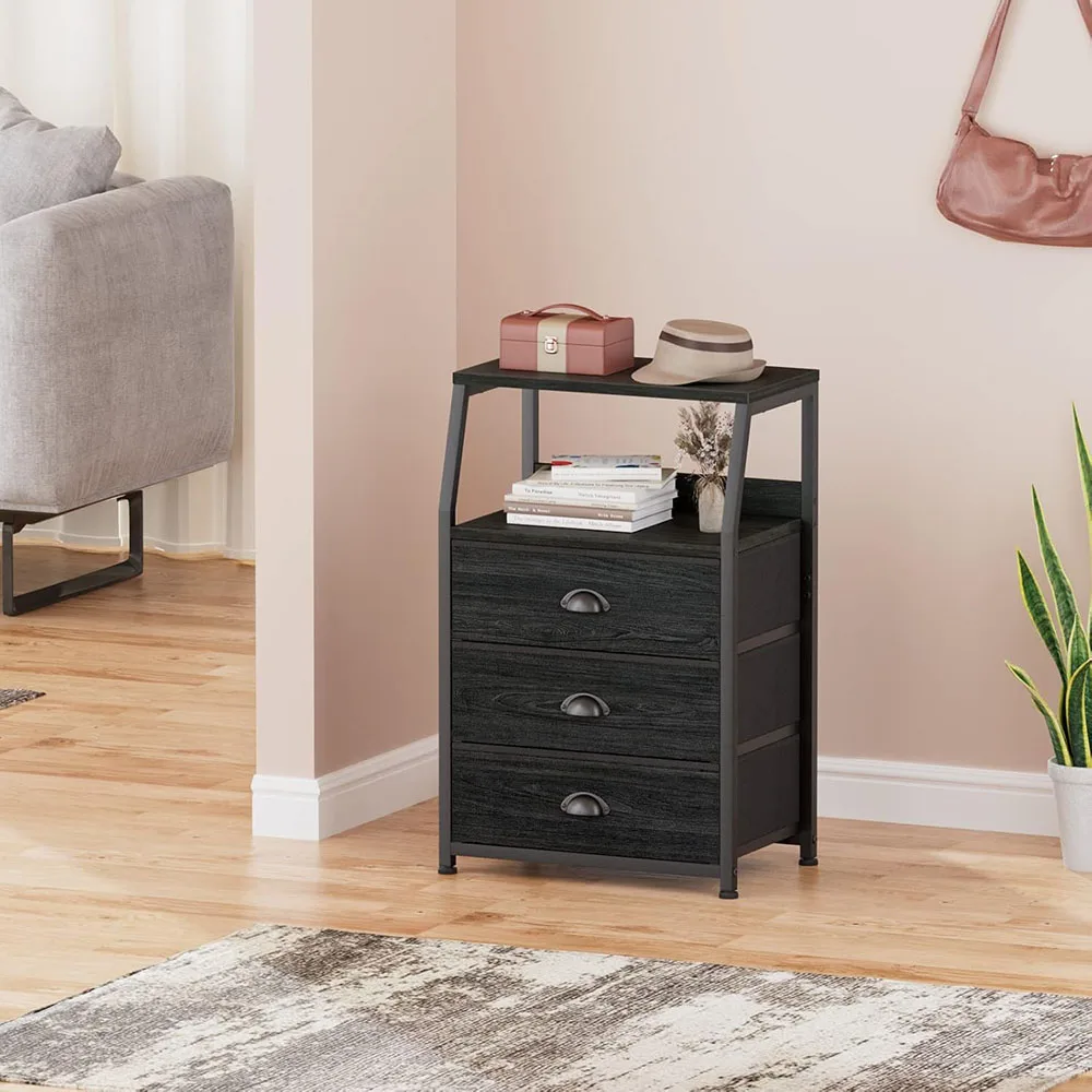 Black Bedside Table Nightstand with 3 Fabric Storage Drawers and 2-Tier Shelf manufacture