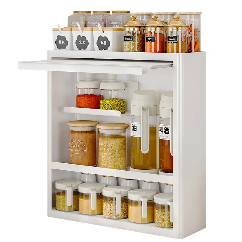 Sliding door modern kitchen Spice cupboard rack countertop 4 Tier seasoning jars organizer boxs holder storage Bottles shelf