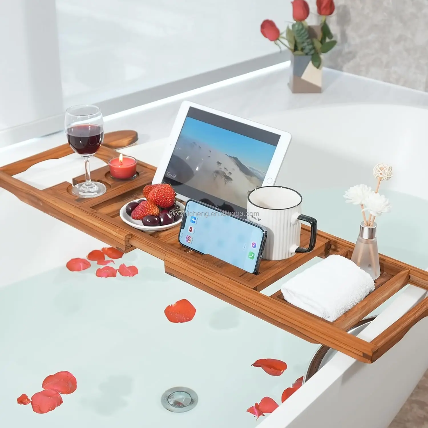 product premium teak bathtub tray expandable wooden bath tray for tub luxury bathtub bathroom accessories-1