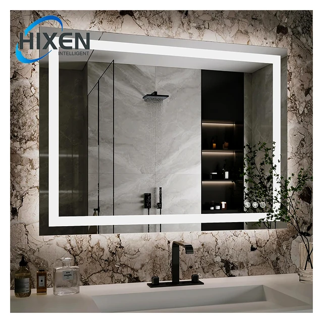 HIXEN simple design rectangle frameless frontlit backlit hotel bathroom smart led light mirror