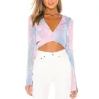 Long Cotton Wholesale Long Sleeve Cotton Knit Tie Dye Crop Top Women Sexy T Shirt