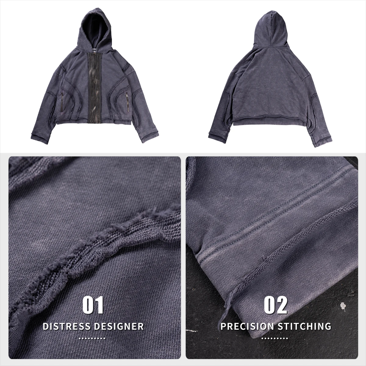 product hip hop retro black hoodie goth punk washed y2k zip up vintage hoodie oversized streetwear design heavyweight hoodie for men-4