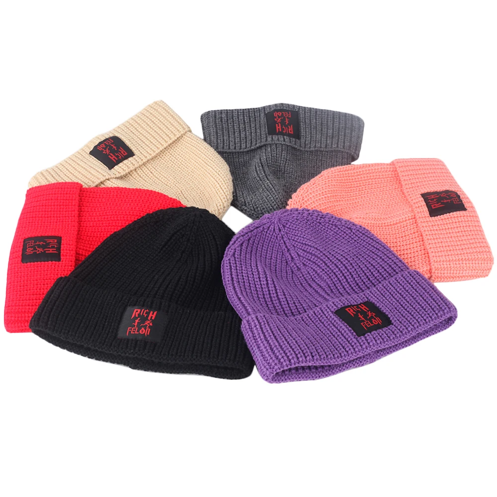 Unisex Cuff Woven Label Ski Cap Knitted 