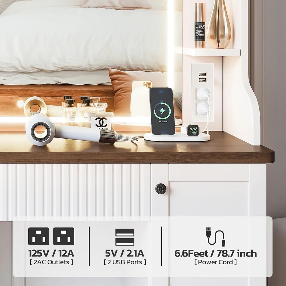 Elegant Retro White Vanity Desk Adjustable Shelves Touch Control Mirror Lights Power Outlet Elegant Retro Makeup Vanity Table manufacture