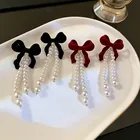 Pearl Stud Earrings 925 Silver Needle Simple Temperament Trendy Girl Flocking Bow Pearl Tassel Stud Earrings