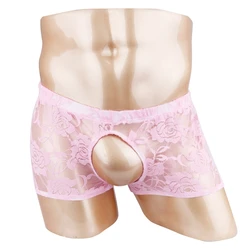 High Quality Male Sheer Lace Short Boxer Brief Sissy Hole Underwear Open Pouch Underpants