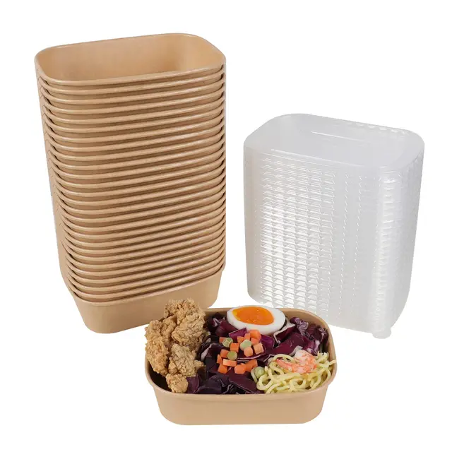 Hot selling disposable Rectangle Rectangular Recyclable Kraft Paper Disposable Salad Bowl with lid