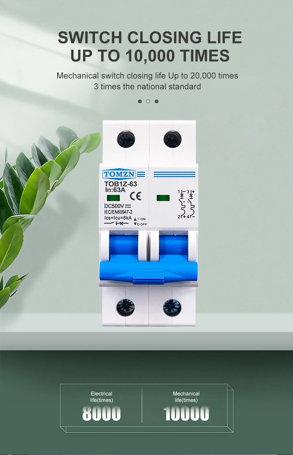 2P DC MCB 6KA 500V Mini Circuit Breaker 3A 6A 10A 16A 20A 25A 32A 40A 50A 63A Y Connection